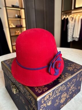 Red Wool Cloche Hat with Purple Flower Accent